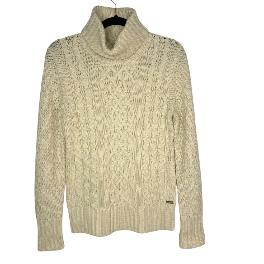Eddie Bauer Womens Cream Cable Knit Turtleneck Sweater Size XS‎ Lambswool Blend